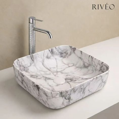 Vasque à poser carrée en céramique blanc effet marbre 39,5 x 39,5 x 14 cm avec bonde clic-clac blanche incluse - RIVÉO (1/5)