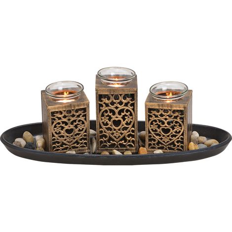 Teelichthalter Dekoset 8-teilig mit Tablett - schwarz / gold - Tischdeko Set inklusive Steine - Kerzen Tablett Teelicht Halter Tisch Deko Landhaus inklusive Kies