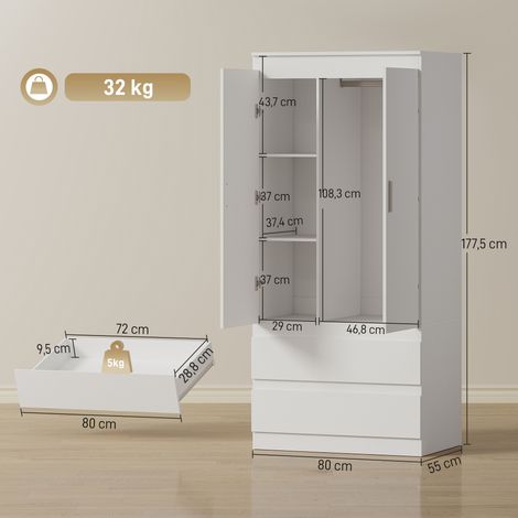 Schlafzimmer-Garderobe mit 2 Türen, 2 Schubladen, 3 Fächer, Holz, Weiß (1/5)
