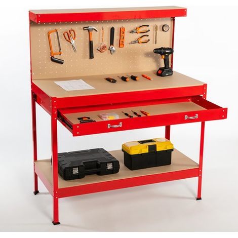 SwitZer Steel Garage Workbench Toolbox Storage With Drawers Pegboard and 20 Pegs Shelf DIY Workshop Station Red