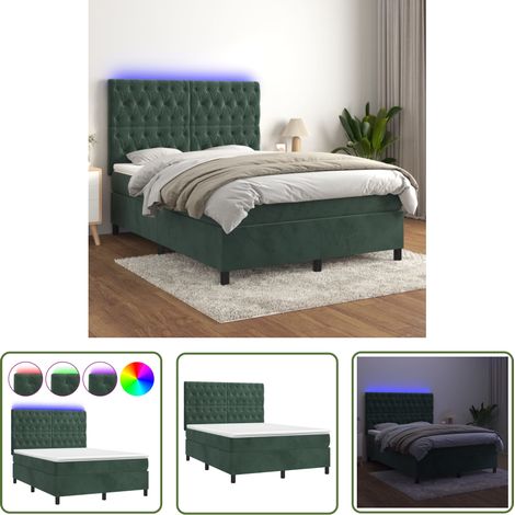 The Living Store Sommier à lattes de lit matelas et LED Vert foncé 140x190 cm - Lit Plateforme - Lit Design - Lit Velours - Lit Avec Éclairage Led - Sommier Tapissier (1/5)