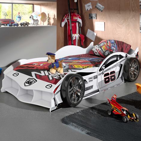 Lit voiture 90x200 cm – Construction MDF durable – Compartiments de rangement ouverts – Design ludique pour chambre d'enfant – Vipack (1/4)