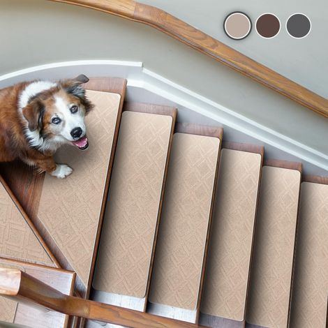 Tapis d'escalier antidérapant, lot de 15 marches autocollantes intérieur, moquette réutilisable pour animaux, seniors, enfants – motif à carreaux beige, 55x19 cm