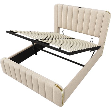 Cama doble con canapé 160x200 cm beige efecto lino con cabecero capitoné y USB-C (1/5)