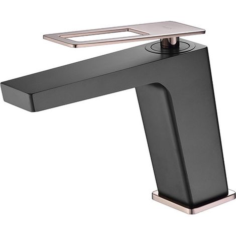 Mice - Grifo de lavabo - Griferia de baño monomando para lavamanos con maneta cuadrada Color Negro Mate y Oro Rosa (1/3)