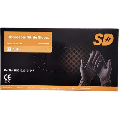 SD Medispo Dicke Nitrilhandschuhe – Diamantgriff, Schwarz – 85 g – 50 Stück, XXL