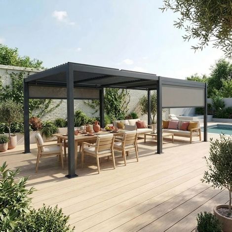 sweeek - Pergola bioclimatique aluminium et acier 3x6m lames orientables + 2 stores 3m PALACE anthracite (1/5)