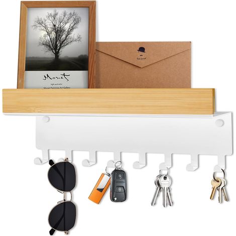 Porte Clé Mural En Bois - Accroche Clef Mural Blanc, Rangement Clef Mural Moderne Avec 8 Crochets Pour Couloir, Cuisine, EntréE (1/5)