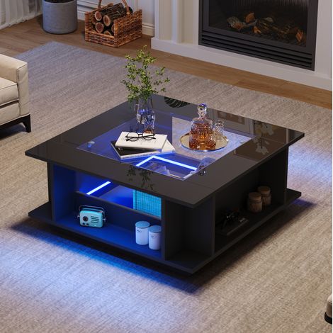 Tavolino da caffè 70x70x30 cm nero in pannelli di particelle con vetro, finitura lucida, LED e contenitori (1/5)