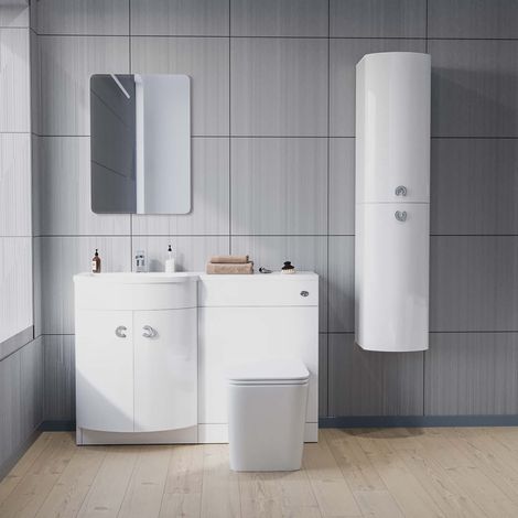 LH White Vanity, Square BTW Toilet, WC, Basin & Wall Hung Cabinet Flat Pack Dene (1/5)