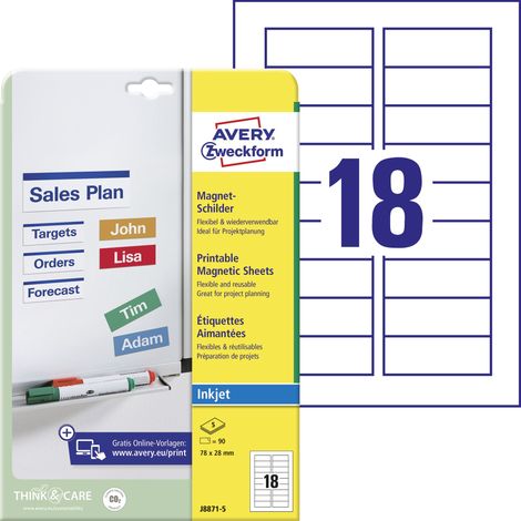 Avery Zweckform J8871-5 Magnet-Schilder, 78 x 28 mm, 5 Bogen/90 Etiketten, weiß (1/5)