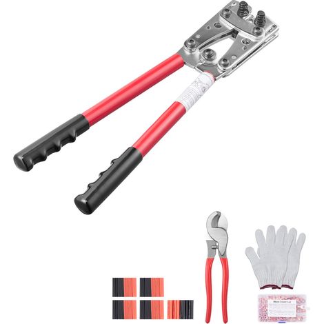 Outil de sertissage pour cosses de batterie, 10-1/0AWG, avec coupe-câble et 48 cosses cuivre, 6 matrices, 100 gaines thermorétractables, pour usage intensif. (1/5)