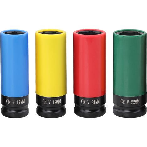 4 pièces douille visseuse a choc, 17 mm、19mm、21mm、22mm, Jeux de douilles à Impact avec écrous, 1/2" Set de douilles à chocs pour jantes aluminium pour Changer les Pneus Boulons de Roue (1/5)