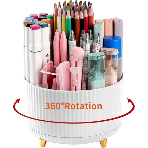Porte-crayons de bureau, 5 emplacements, rotatif à 360°, pour ranger crayons et stylos sur un bureau. Organiseur de fournitures de bureau, blanc. (1/5)