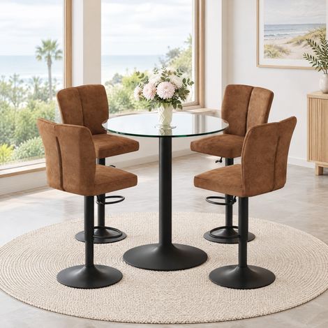 Runder Glas-Bartisch 89 cm mit 4 drehbaren Barhockern aus braunem Stoff und schwarzem Metall (1/5)