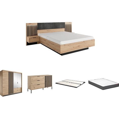 Ensemble lit avec chevets 160 x 200 cm + Sommier + Matelas + Commode + Armoire - Coloris : Naturel et noir - ARIADA