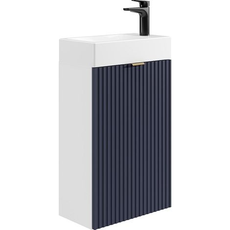 Meuble lave main strié avec porte réversible bleu et blanc - H60 x L40 x P22 - VAHIRA (1/5)