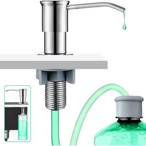 Distributeur de savon pour évier de cuisine, distributeur de savon, embout avec mécanisme à pression, design en acier inoxydable et montage peu encombrant, argenté (1/5)