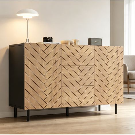 REDOM - Aparador 120x40x76 cm, 3 cajones y 2 armarios, gran espacio de almacenamiento, tableros de partículas, madera natural y negro mate (1/5)