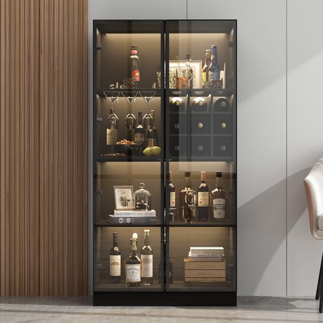 Vitrinenschrank mit Glastüren und Beleuchtung, Glasvitrine Stehend mit 4-stufigen Einlegeböden, Pop-up Design,Vitrine mit Glastüren Schwarz (1/5)