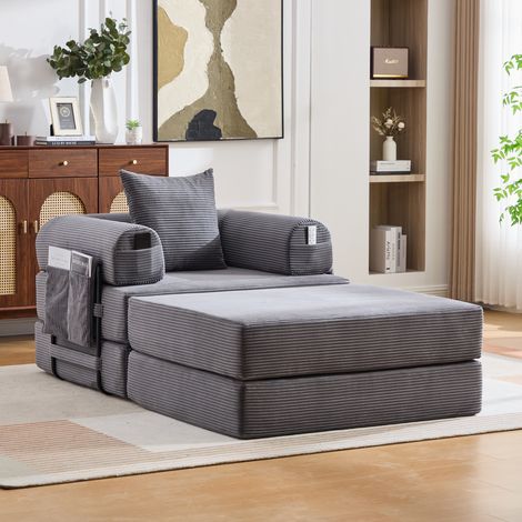 Poltrona modulare 112x190x67 cm, imbottitura spessa, cuscino e tasca laterale, struttura in metallo, velluto a coste grigio scuro (1/5)