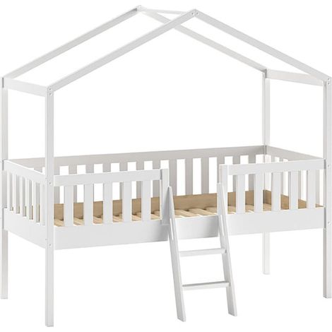ARKAN - Lit Cabane Surélevé 90x200cm en Pin Massif Blanc (1/3)