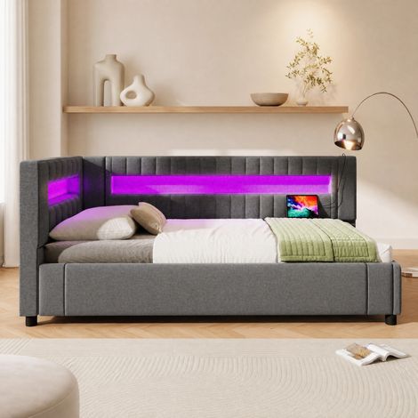 DESMIU Lit banquette 90 × 200 cm 1 place avec rangement hydraulique, LED, USB et Type-C, sans matelas, gris (1/5)