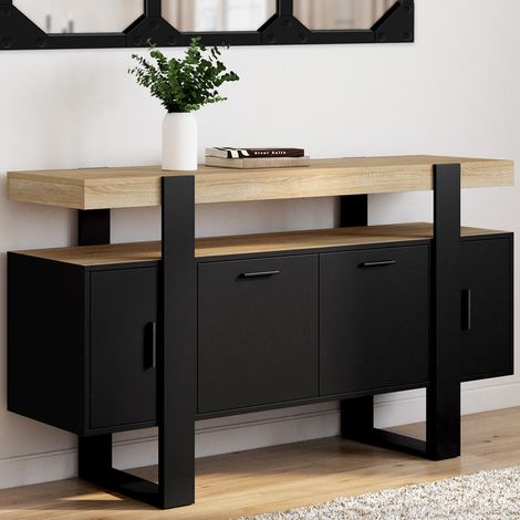 PHOENIX Aparador de 4 puertas negro 140 cm con tapa de madera
