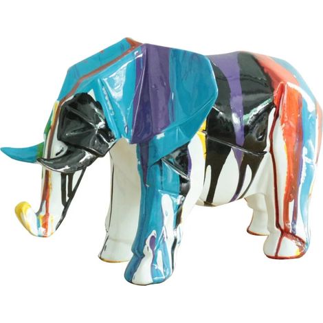 Statue éléphant géométrique coulure noir multicolore H21 cm - DUMBO 03 (1/2)