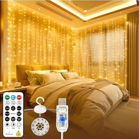 Rideau Lumineux Intérieur 3x3 m, 300 LED, USB, Télécommande, Minuteur, 8 Modes Dimmables, Chambre, Mariage (1/5)