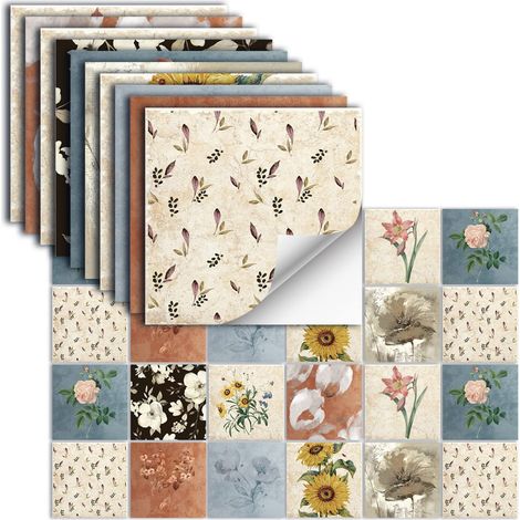 24 Pièces Stickers Carrelage Auto-AdhéSif Vinyle ÉTanche Stickers Muraux Pour Cuisine Salle De Bains Carrelage Mur CheminéE Placard DéCoration Autocollants,HZ-54,20x20cm (1/5)