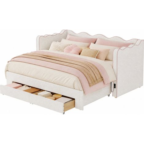 CHICFURN Cama nido extensible 90x200 cm, convertible a 180x200 cm, con 2 cajones, puertos USB y Tipo-C, tapizado bouclé beige para dormitorio infantil (1/5)