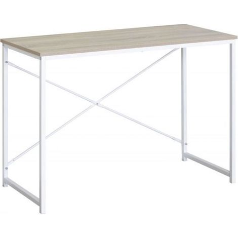 Table de bureau - JUANIO - 100x40x72 cm - Effet bois naturel - Structure métal blanc - Format compact (1/4)