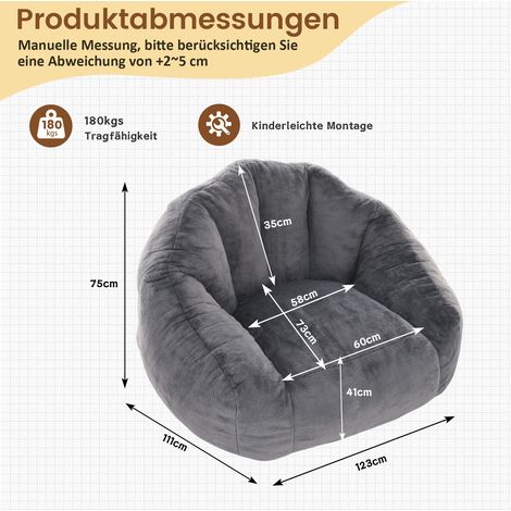 Fauteuil sac de billes adulte en fausse fourrure gris clair, sans montage, pour salon et chambre (1/5)