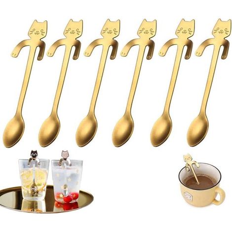 Dailygoody,Juego de cucharas con forma de gato,Color dorado,Acero inoxidable,Para café y postres,Cucharas de té prácticas (1/5)
