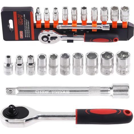Lot de 12 Clé à cliquet, Acier Cr-Mo, Douille 4-13 mm, Extension 10 cm, Atelier garage (1/5)