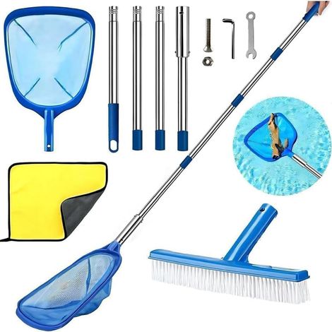 Epuisette Piscine avec Manche Telescopique, Epuisette Piscine Maille Extra Fine avec Brosse Piscine, Kit de Piscine Nettoyage, pour Piscines, Spas, Fontaine, Étang Nettoyage (187cm) (1/5)