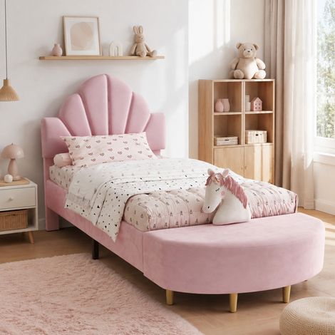 Cama tapizada individual (240.5x99.5x109.5 cm), con cabecera de terciopelo, banco a juego, borde de esponja anticolisión, rosa (1/5)