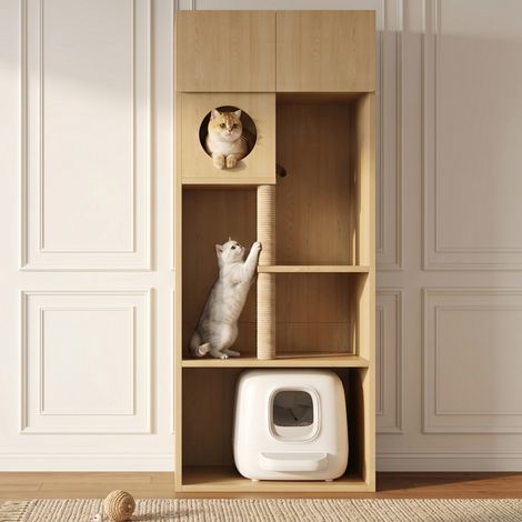 Mueble arenero para gatos con árbol rascador integrado - 80 x 45 x 193 cm - Armario multifuncional de almacenamiento para mascotas en madera mdf - Color madera natural (1/5)