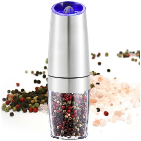 Electric salt and pepper mill with battery operation, automatic grind setting (fine and coarse), stainless steel spice container with LED lighting, 1 piece