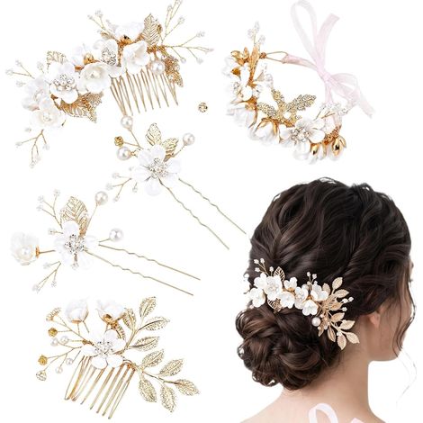Pince Cheveux Mariage, 4 Épingles à Cheveux Blanches + 1 Bracelet (1/5)