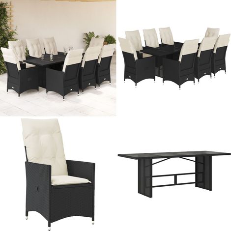 9-tlg. Garten-Essgruppe mit Kissen Schwarz Poly Rattan - Gartensessel - Gartenmöbel - Lounge Set - Outdoor Möbel - Rattan Sessel - Home & Living