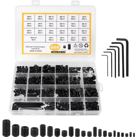 Lot de 666 vis sans tête à six pans creux en acier au carbone M2 M3 M4 M5 M6 M8 Assortiment de vis à tête hexagonale avec clé à molette, vis Allen pour poignées de porte, luminaires, noir (1/5)