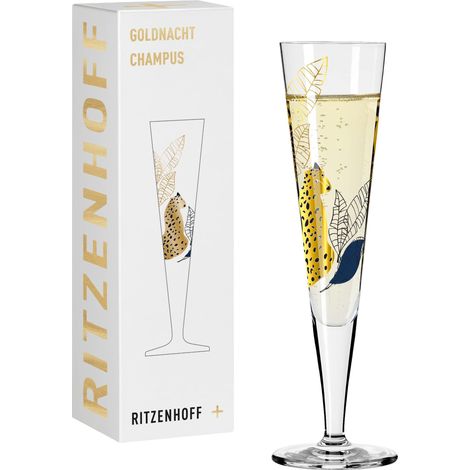 Verre à champagne 200 ml Série n° 33 Motif guépard avec or véritable Fabriqué en Allemagne, Bleu/Doré (1/5)