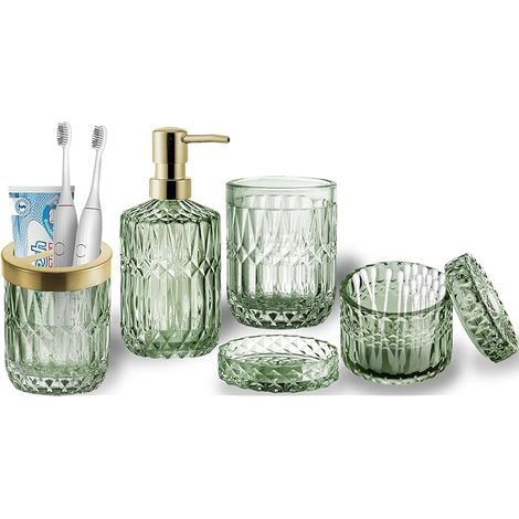 RUNQIN Lot de 5 Accessoires de Salle de Bain en Verre Transparent (Distributeur de Savon, Porte-Savon, Porte-Brosse à Dents, gobelet, Pot à Cotons-tiges), Décoration Moderne Contemporaine en Cristal (1/5)