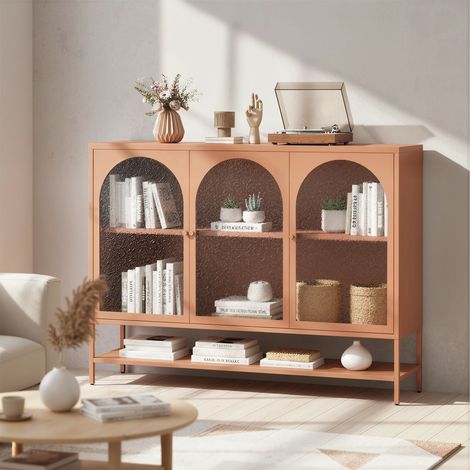 Wohnzimmer-Sideboard, Aufbewahrungsmöbel mit 3 gewölbten Glastüren und offenem Regal, 140 x 40 x 105 cm, rostfarben