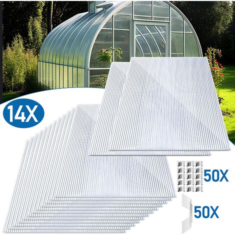 Jiubiaz 14x Polycarbonat Hohlkammerstegplatten 4mm, 10,25m² Doppelstegplatte, 50x Klammern + 50x Z-Clips, UV-beständig Für Gewächshaus Gartenbau Carports (1/4)