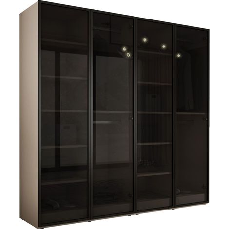 Armoire moderne beige sable – 4 portes avec verre incolore – Dimensions 200 x 200 x 51 cm – Panneaux stratifiés – Montage facile – 3Xe Living
