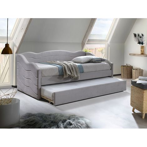 Vente-Unique – Lit gigogne 90 x 190 cm – Velours taupe – Avec matelas mousse hypoallergénique – Tiroir sur roulettes – Charge max 110 kg