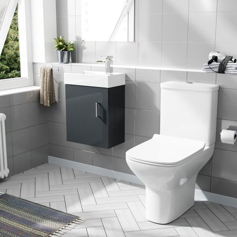 Nanuya 400mm Cloakroom Wall Hung Basin Vanity Unit & Rimless Close Coupled Toilet Dark Grey (1/5)